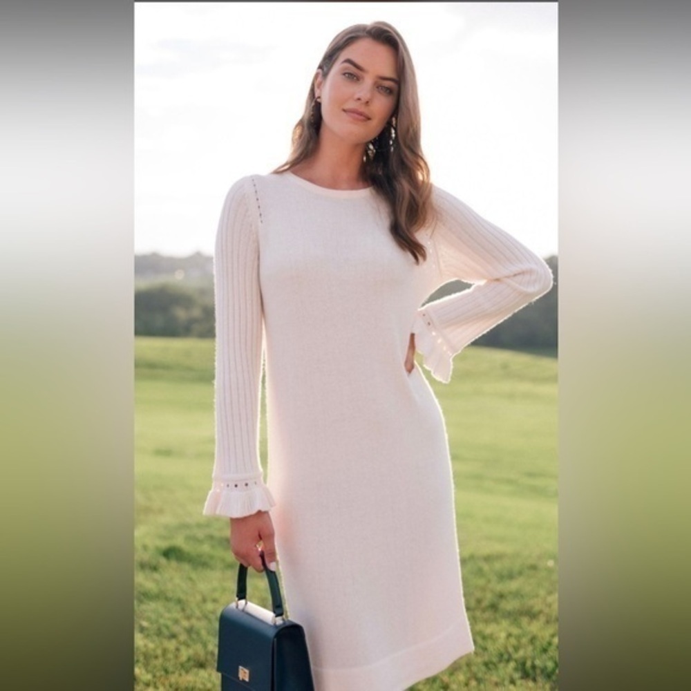 RARE Gal Meets Glam Cream Wool Blend Ruffle Sleeve Agnes Sweater Dress